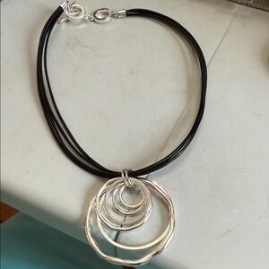 Anne Klein toggle closure 18” necklace black leather silver large circles